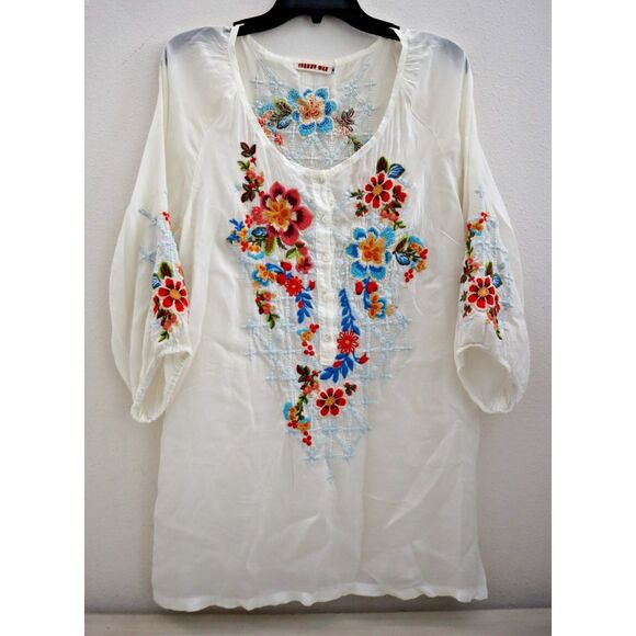 Johnny Was Women's Sz M White Floral Embroidered Tunic Blouse - Picture 1 of 11